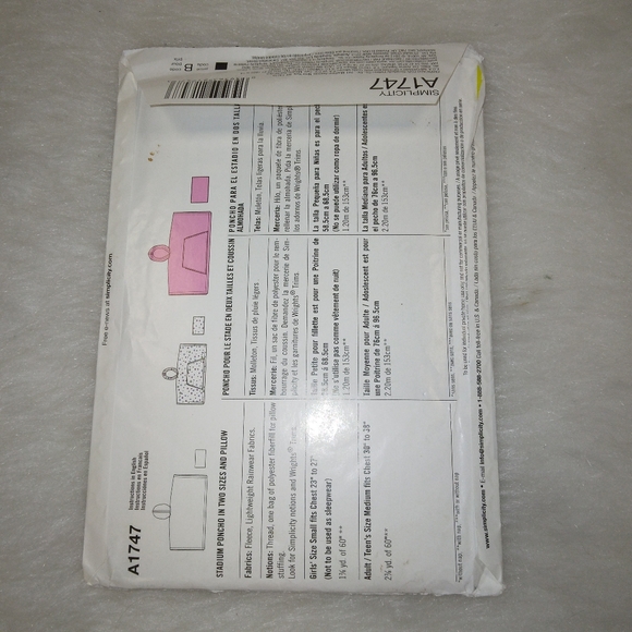 SIMPLICITY A1747 Stadium Poncho in 2 sizes and pillow. It's So Easy It's… - Picture 5 of 5